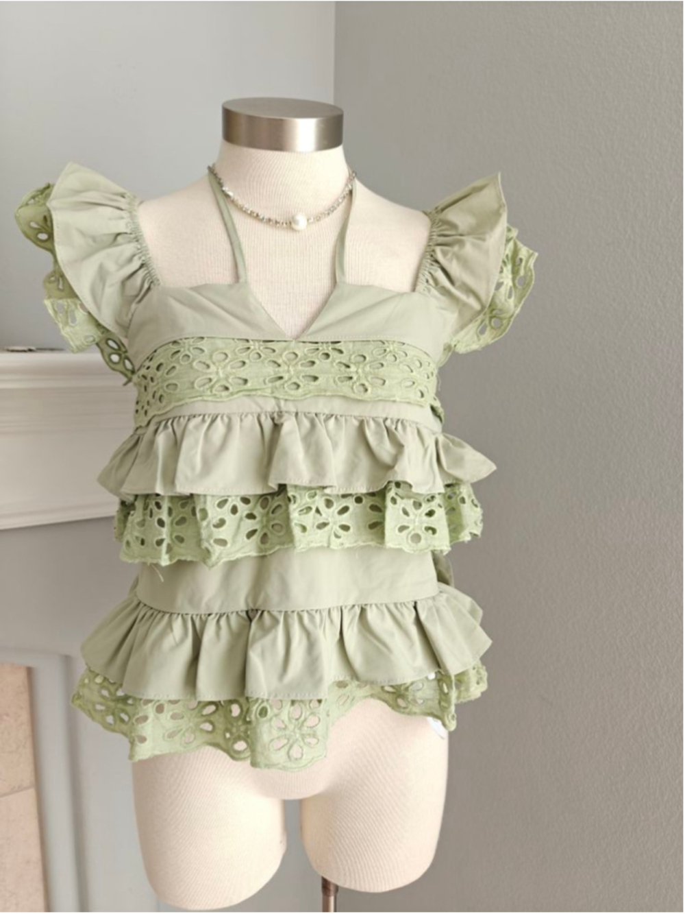 NWT Sage Green Eyelet Lace Ruffle Crop Top | Cottagecore Fairycore Babydoll Cami